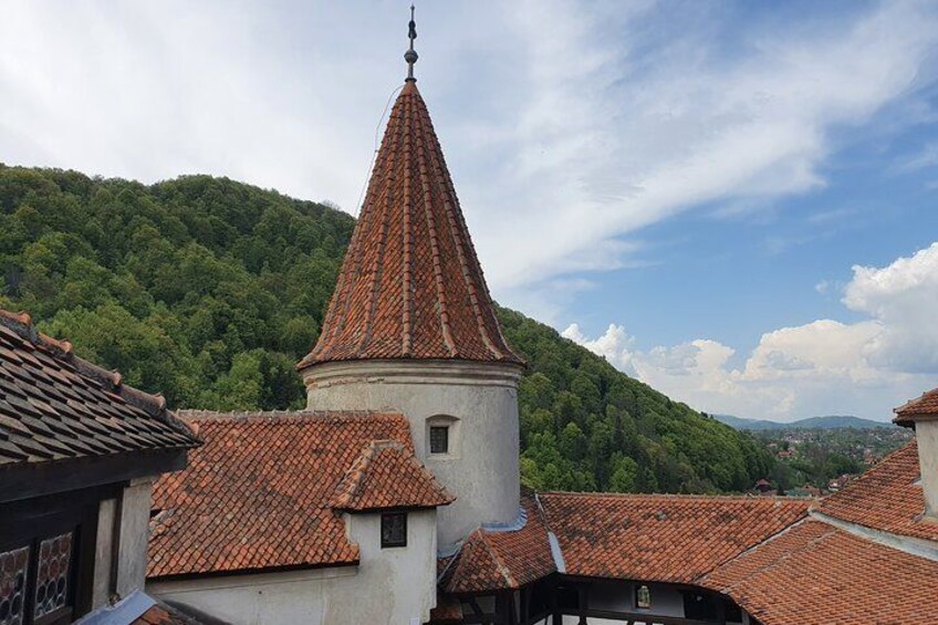 A church with a red-tiled roof and a pointed steeple, surrounded by buildings with similar roofs, set against a backdrop of green hills. 5