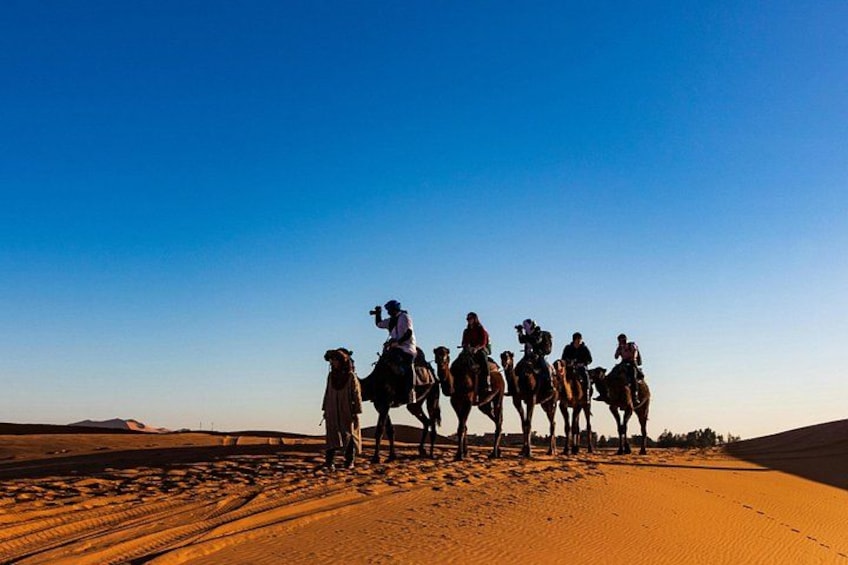 Un gruppo di persone cavalca cammelli attraverso un paesaggio desertico. 4