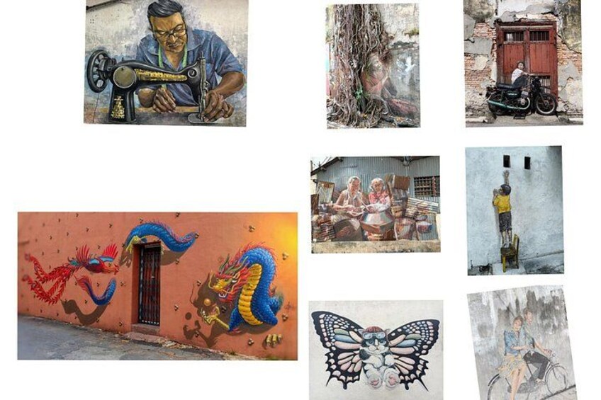 Un hombre cosiendo, un árbol, una motocicleta, un grupo de personas, un muro con un mural de dragón, un mural de mariposa y una persona pintando. 5