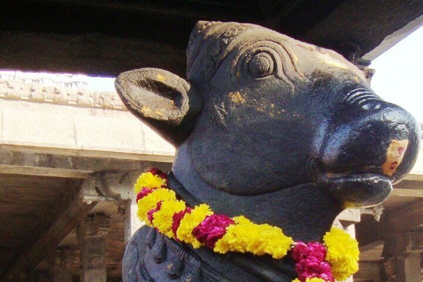 A statue of a bull with a garland of yellow and pink flowers. 4