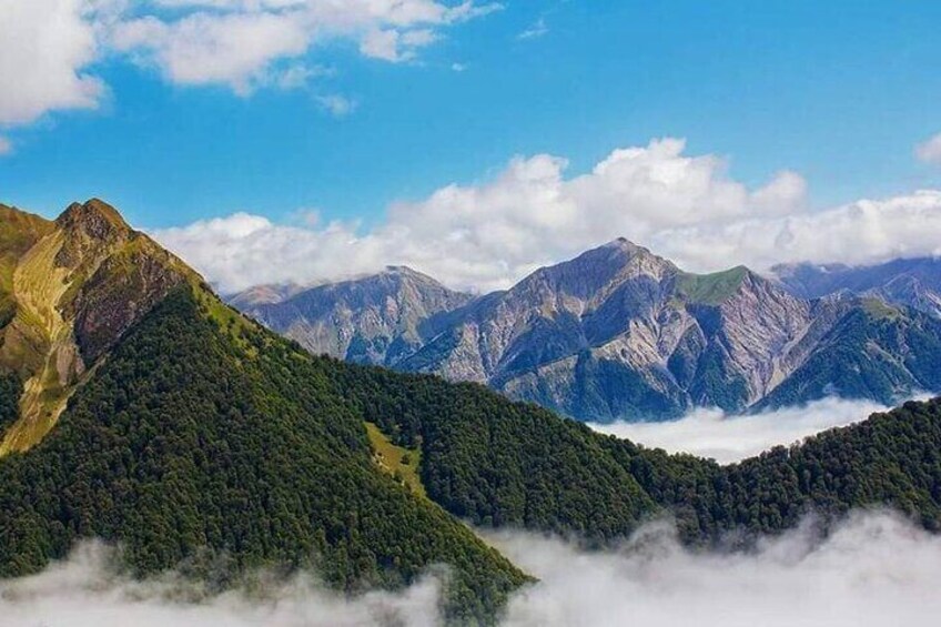 A mountain range with dense forests and clouds at the base. 3