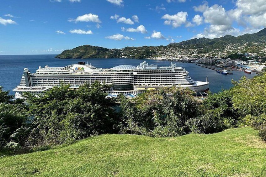 Un gran crucero amarrado en un puerto con un paisaje montañoso al fondo. 2