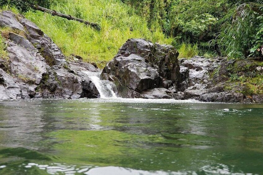 A waterfall in a natural setting with rocks and greenery. 2