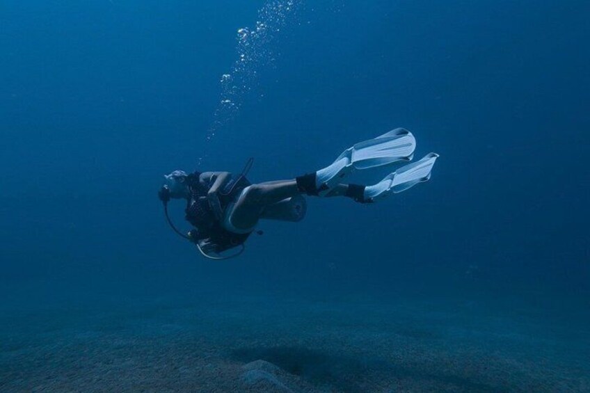 Un plongeur sous l’eau, équipé de palmes et d’un détendeur. 4