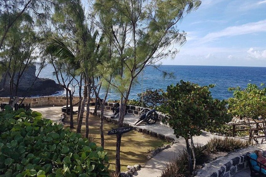 A coastal restaurant with outdoor seating, palm trees, and a view of the ocean. 1