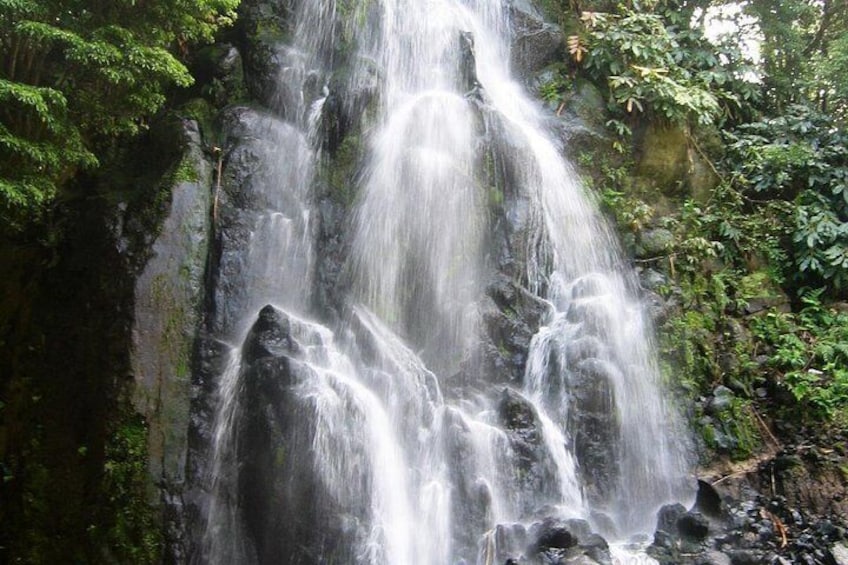 A waterfall cascading over rocks surrounded by lush greenery. 1