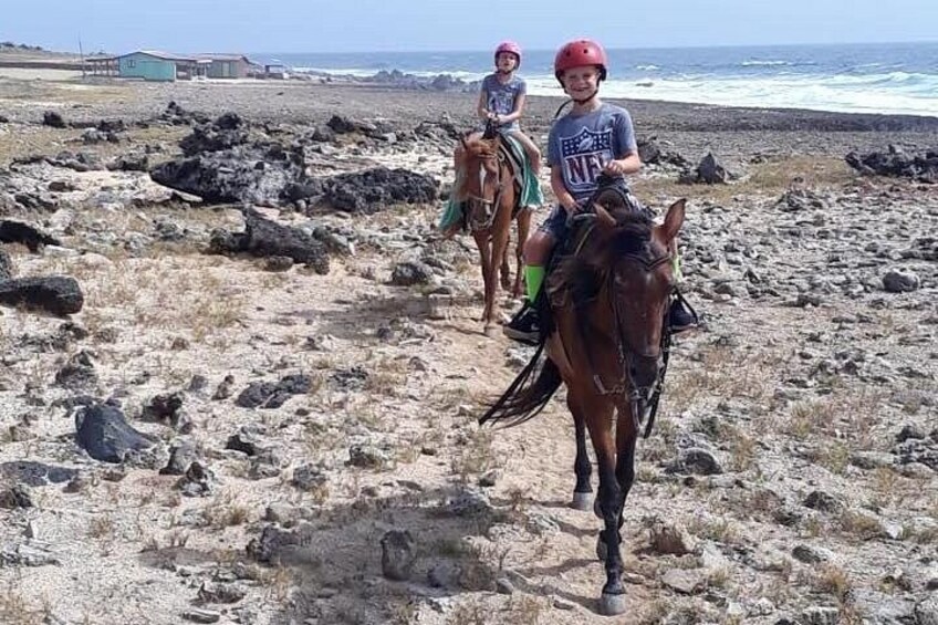 Two people riding horses on a rocky beach with ocean in the background. 4