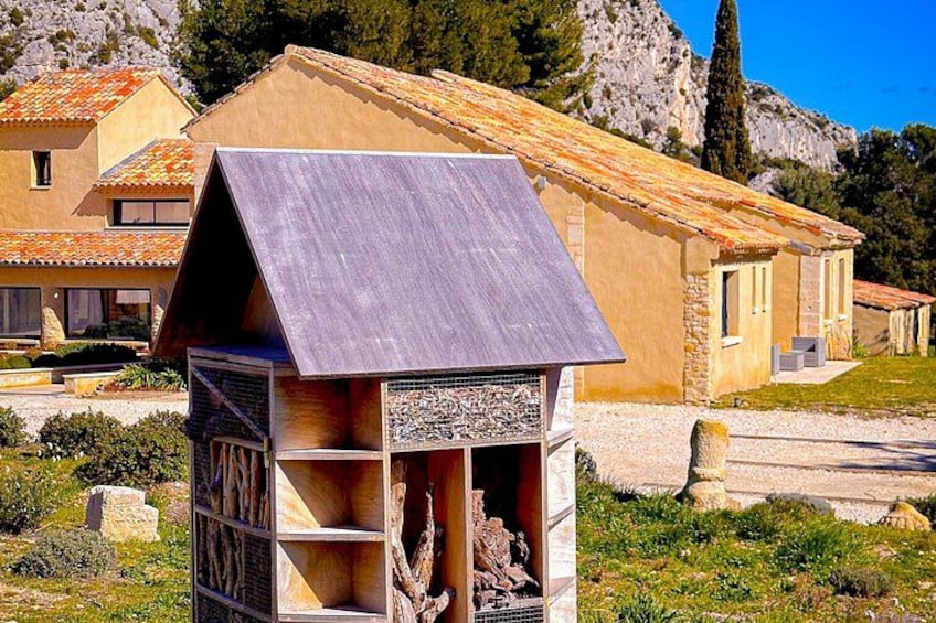 A rustic wooden structure with a sloped roof, surrounded by a rural landscape with stone buildings and a mountain in the background. 5
