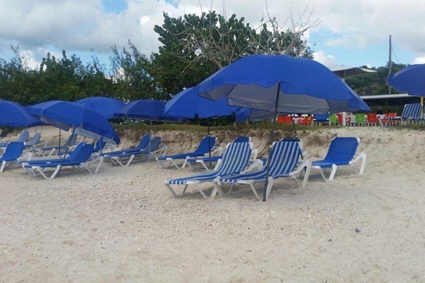 Sillas y sombrillas de playa sobre arena, con árboles al fondo. 4