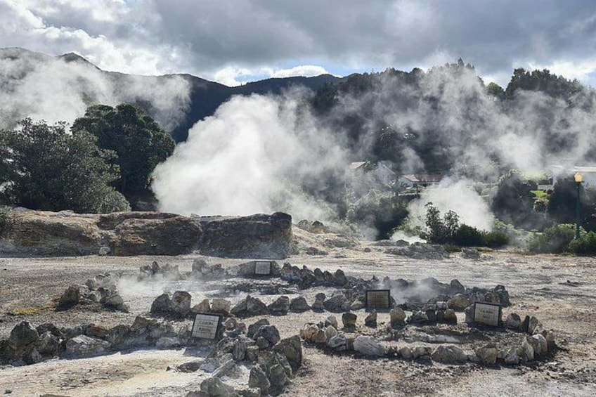 A geothermal area with steam rising from the ground, surrounded by rocks and vegetation. 5