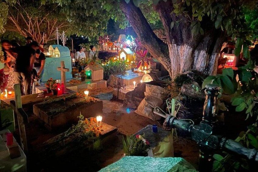 Un cementerio de noche con lápidas iluminadas y un gran árbol al fondo. 2