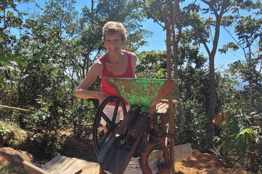 A person in a red tank top sitting on a wooden cart with a green patterned cover, surrounded by trees and greenery. 5