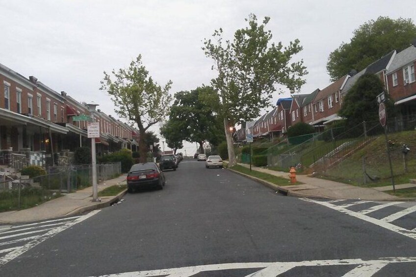 A residential street with parked cars, houses, and a fire hydrant. 4