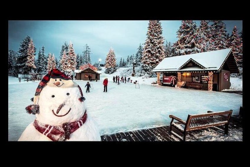 Un bonhomme de neige, un banc en bois et un chalet en bois, le tout dans un paysage enneigé. 5