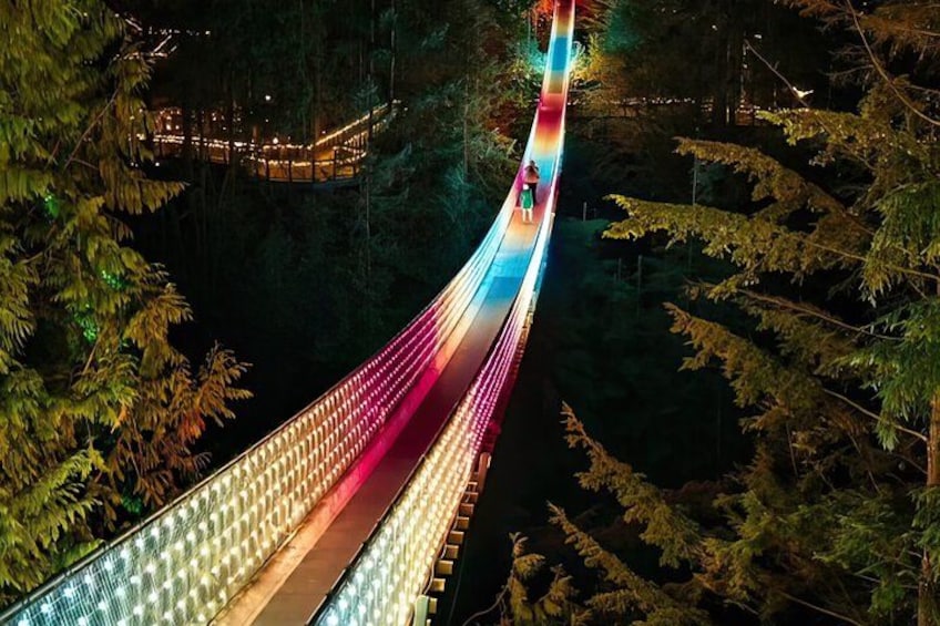Un puente colgante iluminado con intensidad, con degradados de luces, rodeado de un bosque denso. 4