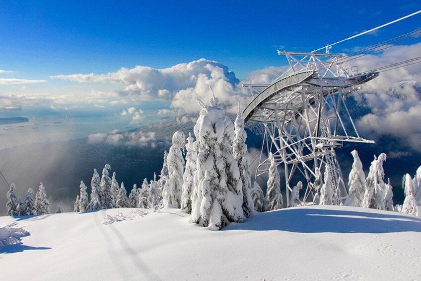 A snowy mountain landscape with a ski lift and snow-covered trees. 4