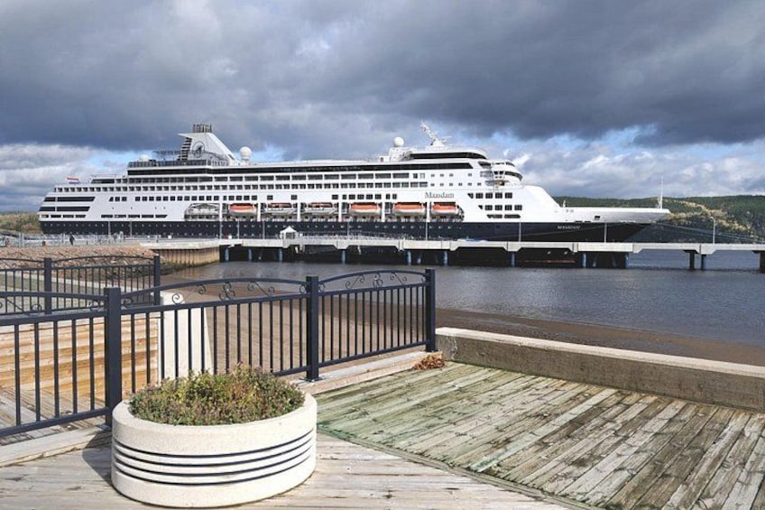A large cruise ship docked at a port with a wooden pier and a planter with plants. 2