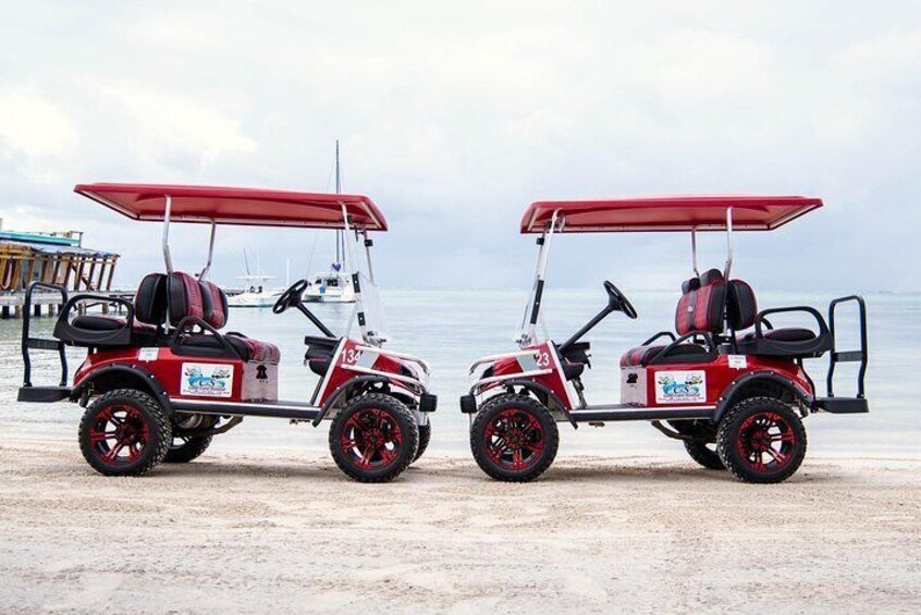 To røde og hvide golfbiler på en sandstrand med et roligt hav og en molen i baggrunden. 5