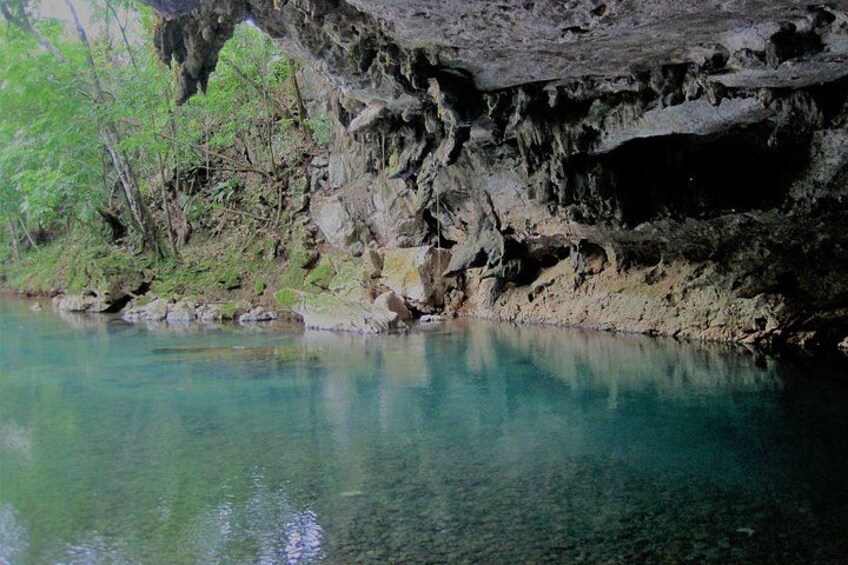 A cave entrance with clear water, rocky walls, and surrounding greenery. 3