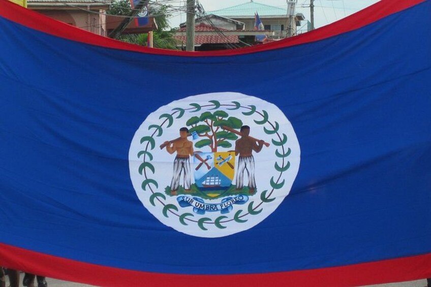 Una bandera con un emblema circular que muestra dos figuras y un árbol, rodeado de una corona de laurel. 1