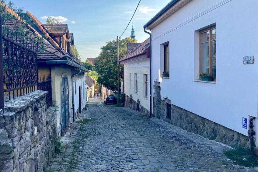Una calle adoquinada bordeada por edificios tradicionales con muros de piedra y contraventanas de madera. 2
