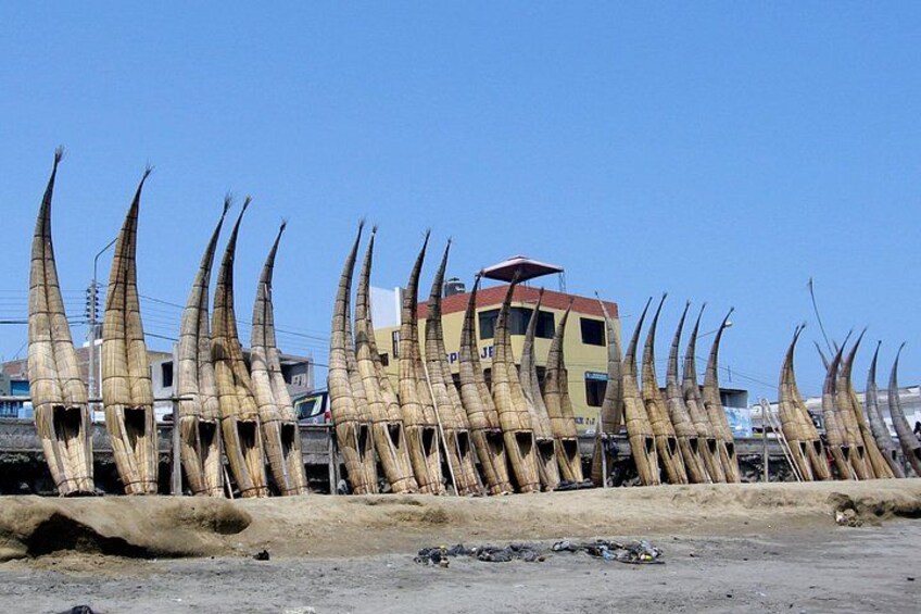A collection of large, curved objects resembling horns or tools, arranged in rows on a sandy ground with buildings in the background. 2