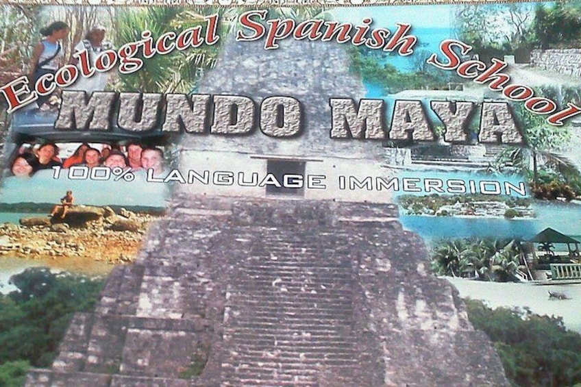 Eine Maya-Pyramide mit Dschungel im Hintergrund, ein kleines Boot und eine Person in traditioneller Kleidung. 1