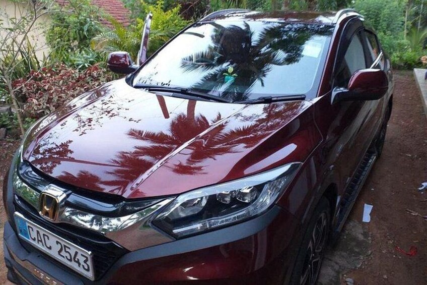 En mørklilla bil parkeret på en grusvej med grønt i baggrunden. 4