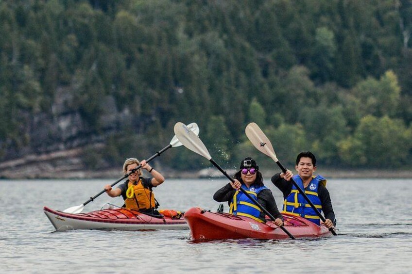 Trois personnes pratiquent le kayak sur une étendue d’eau calme, avec une rive boisée en arrière-plan. 5