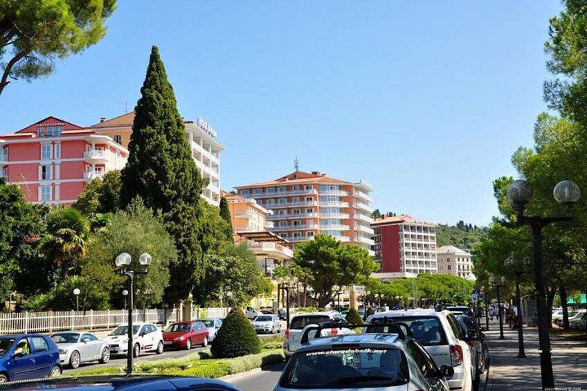 A parking lot with cars, a tall tree, and multi-story buildings in the background. 3