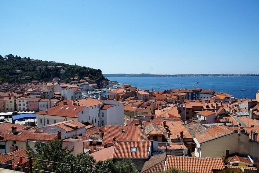 Une ville côtière aux bâtiments aux toits de tuiles rouges, sous un ciel bleu azur, avec un paysage vallonné en arrière-plan. 3