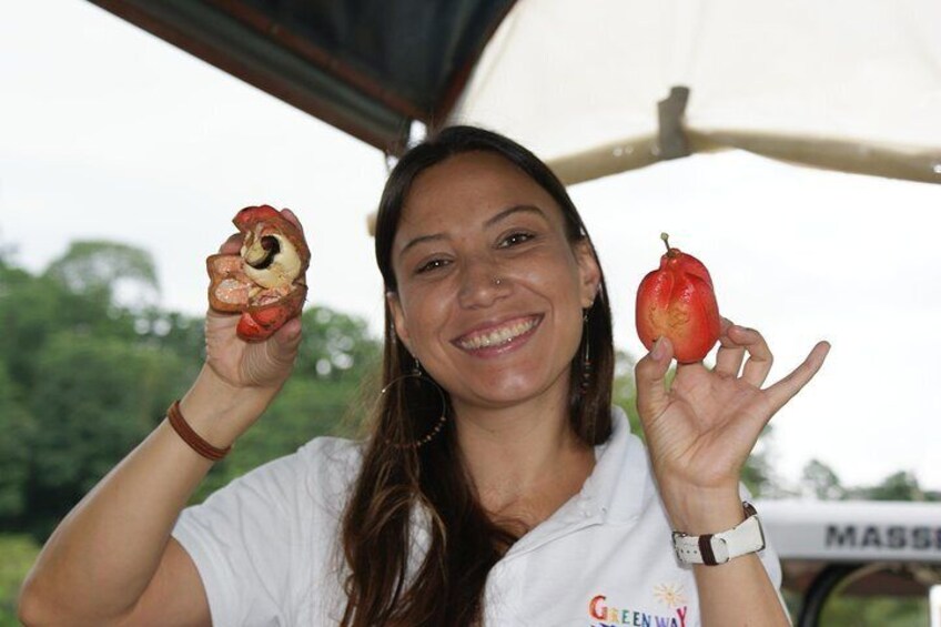 A person holding two red fruits, one cut open to reveal its interior. 1