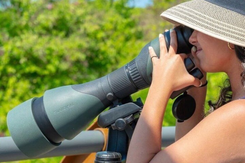 A person using a large telescope. 5