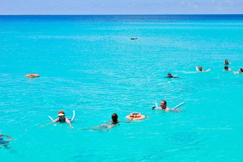 People swimming and surfing in turquoise ocean water. 4