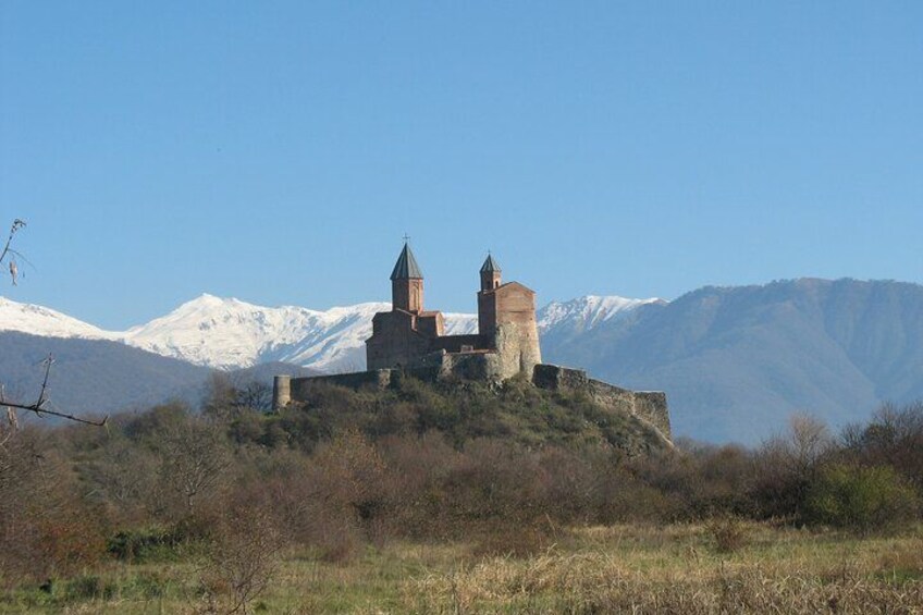 A historic castle on a hill with snow-capped mountains in the background. 2