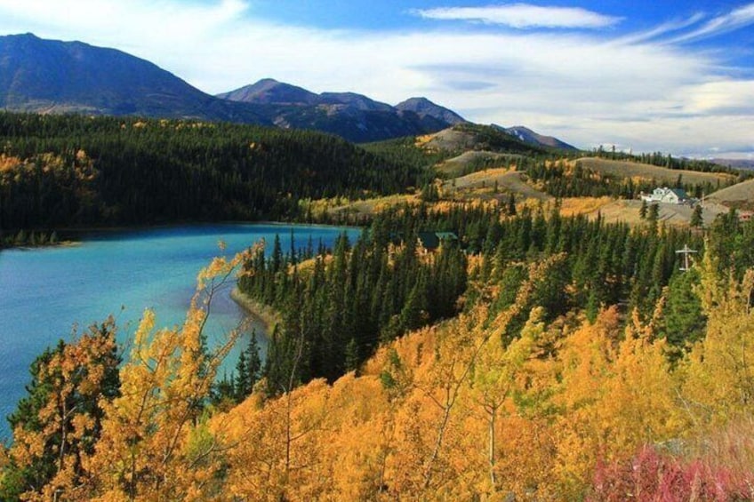 A lake surrounded by autumn-colored trees and mountains in the background. 2