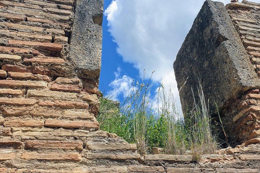 A stone wall with a large opening, surrounded by vegetation. 2