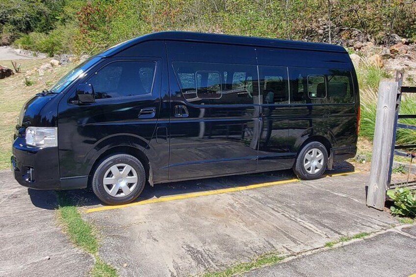 Una camioneta negra estacionada sobre una superficie de concreto con una línea amarilla delimitando, rodeada de follaje y una cerca de madera. 2