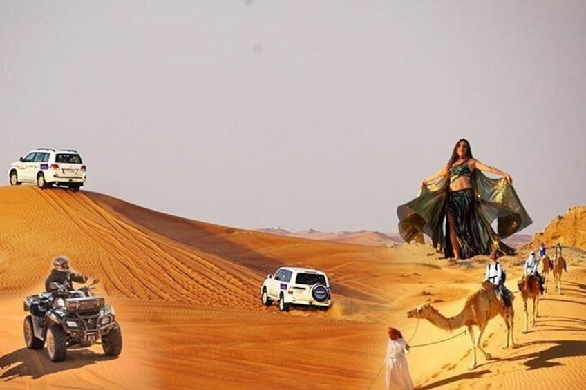 A desert landscape with sand dunes, a white SUV, a camel, and a person in traditional attire. 2