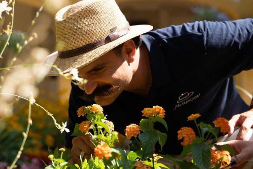 A person wearing a hat and a dark shirt, tending to orange flowers in a garden. 3