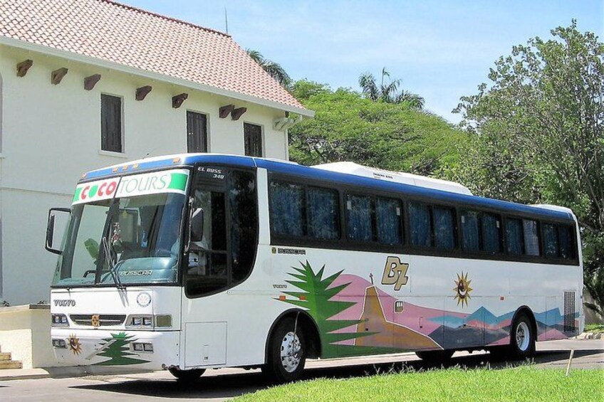 A white bus with colorful graphics parked in front of a building. 4
