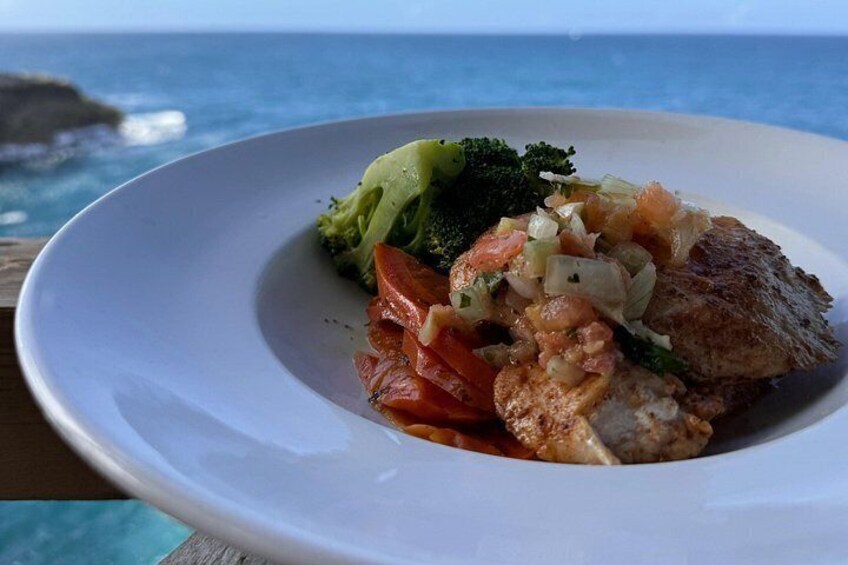 A plate of food with a piece of meat, broccoli, and a tomato-based sauce, set against a backdrop of the ocean. 2