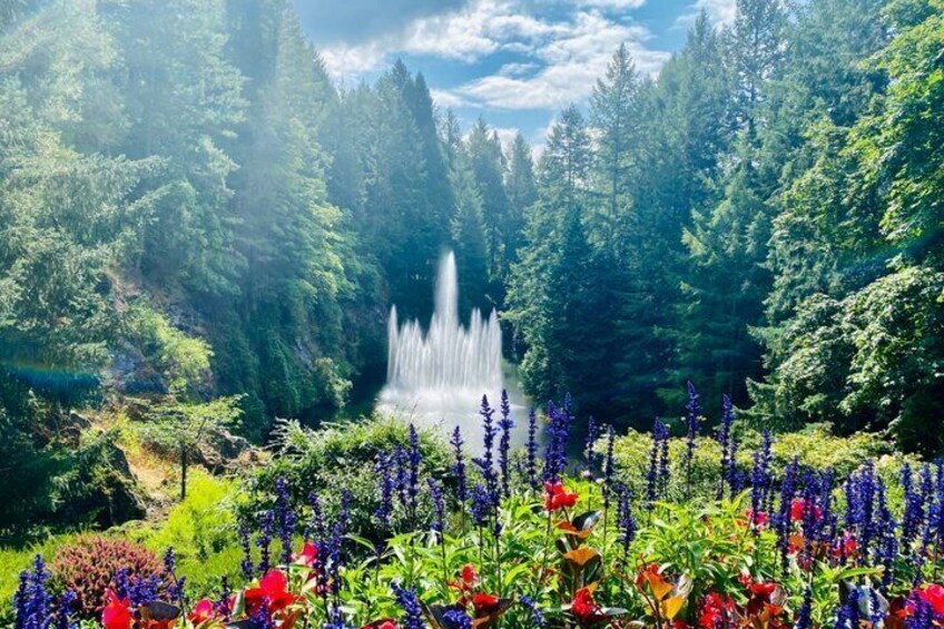 A forest with a waterfall, colorful flowers, and tall trees. 2