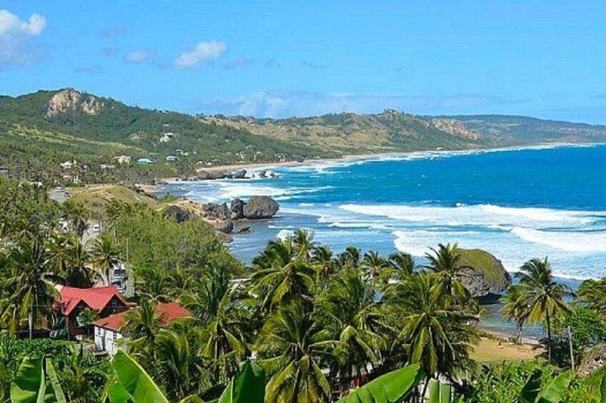 Un paisaje costero con palmeras, una playa y acantilados rocosos. 5