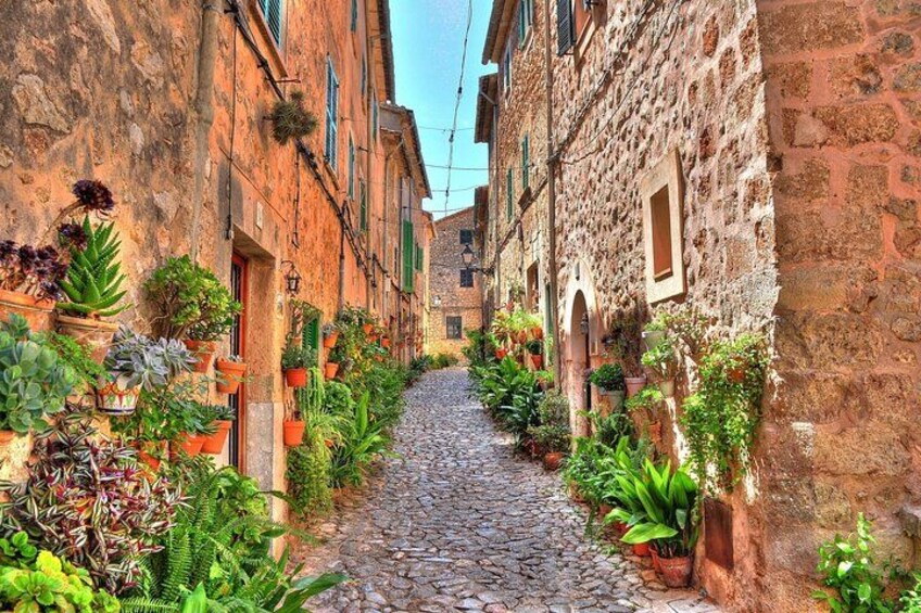 A cobblestone alley flanked by stone buildings with potted plants. 3