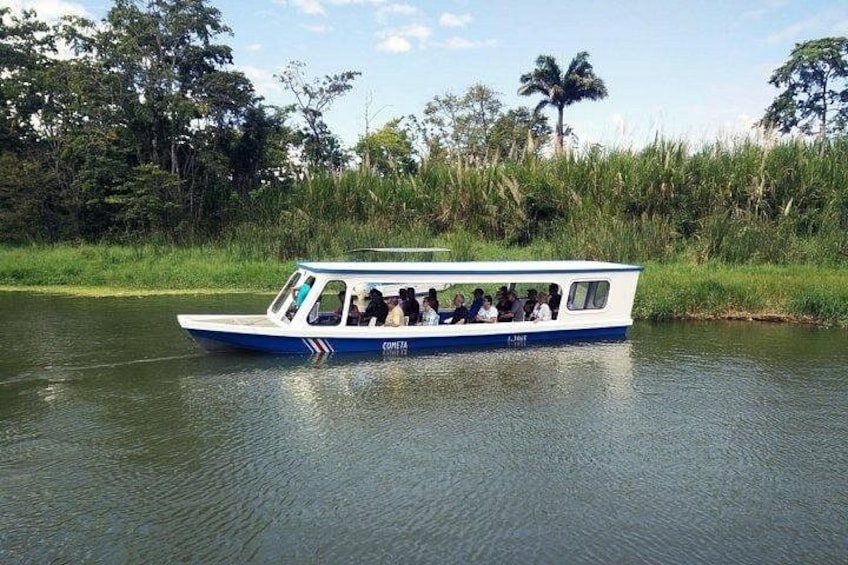 Ein Boot mit Passagieren auf einem ruhigen Fluss, umgeben von viel Grün. 3