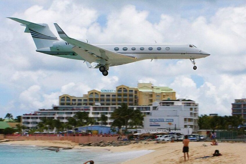Et privatfly lander på en strand med et hotel og palmer i baggrunden. 4