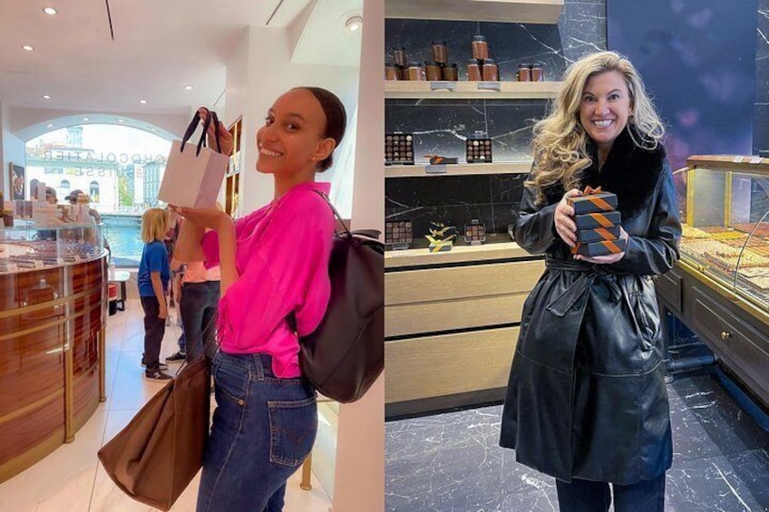 A person in a pink shirt and jeans holding a shopping bag in a store with shelves of products. 3