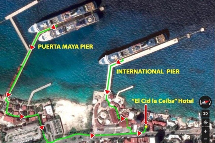 A coastal area with a pier, a hotel, and a boat dock. 3