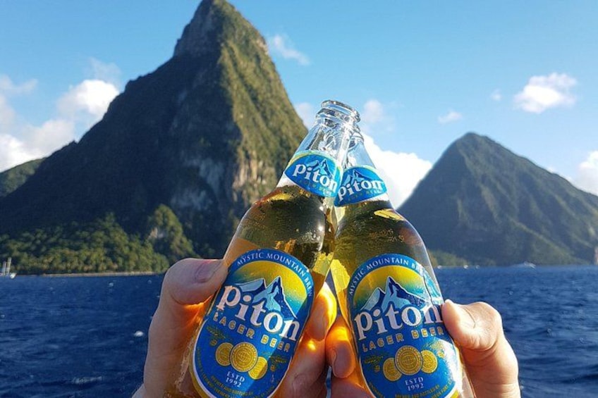 Dos botellas de cerveza Pionit frente a un paisaje montañoso. 2